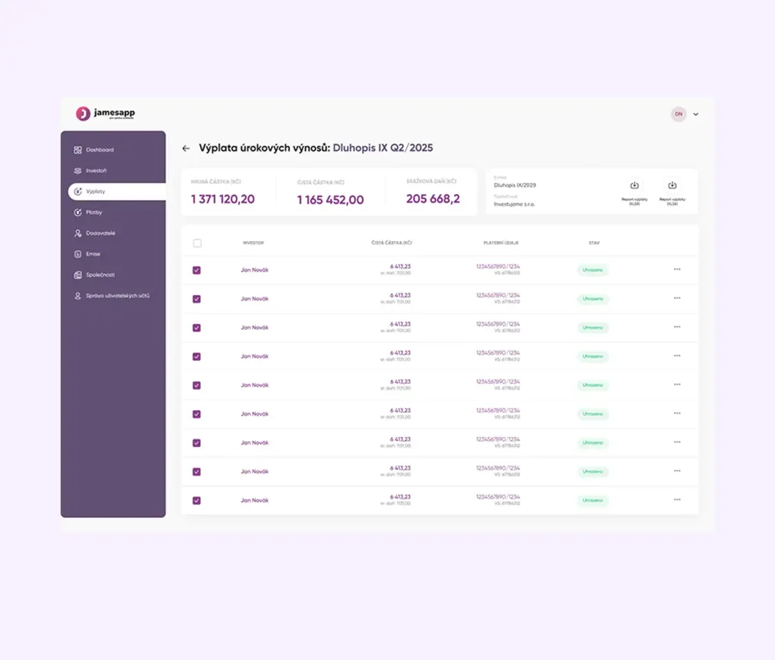 Aplikace JamesApp s přehledem výplaty úrokových výnosů emise